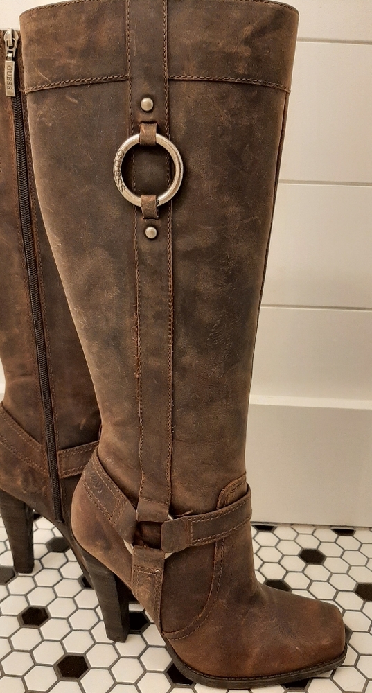 Guess Harness Boots Distressed Genuine Leather in Brown Women's size 7M